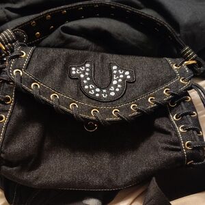 True Religion Black Crossbody Bag with Gold Accents, Small But Cute Black Denim